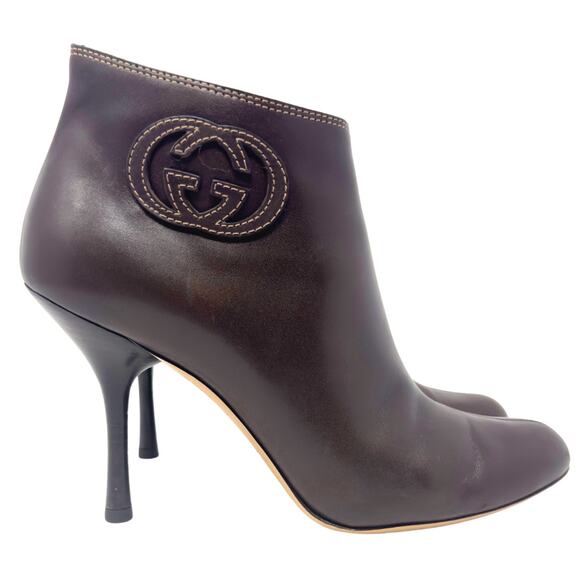 Gucci GG Logo Interlocking Monogram Brown Leather High Heels Ankle Boots US 7.5 - Picture 5 of 12
